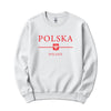 White crewneck sweatshirt with red POLSKA POLAND lettering and Polish eagle shield
