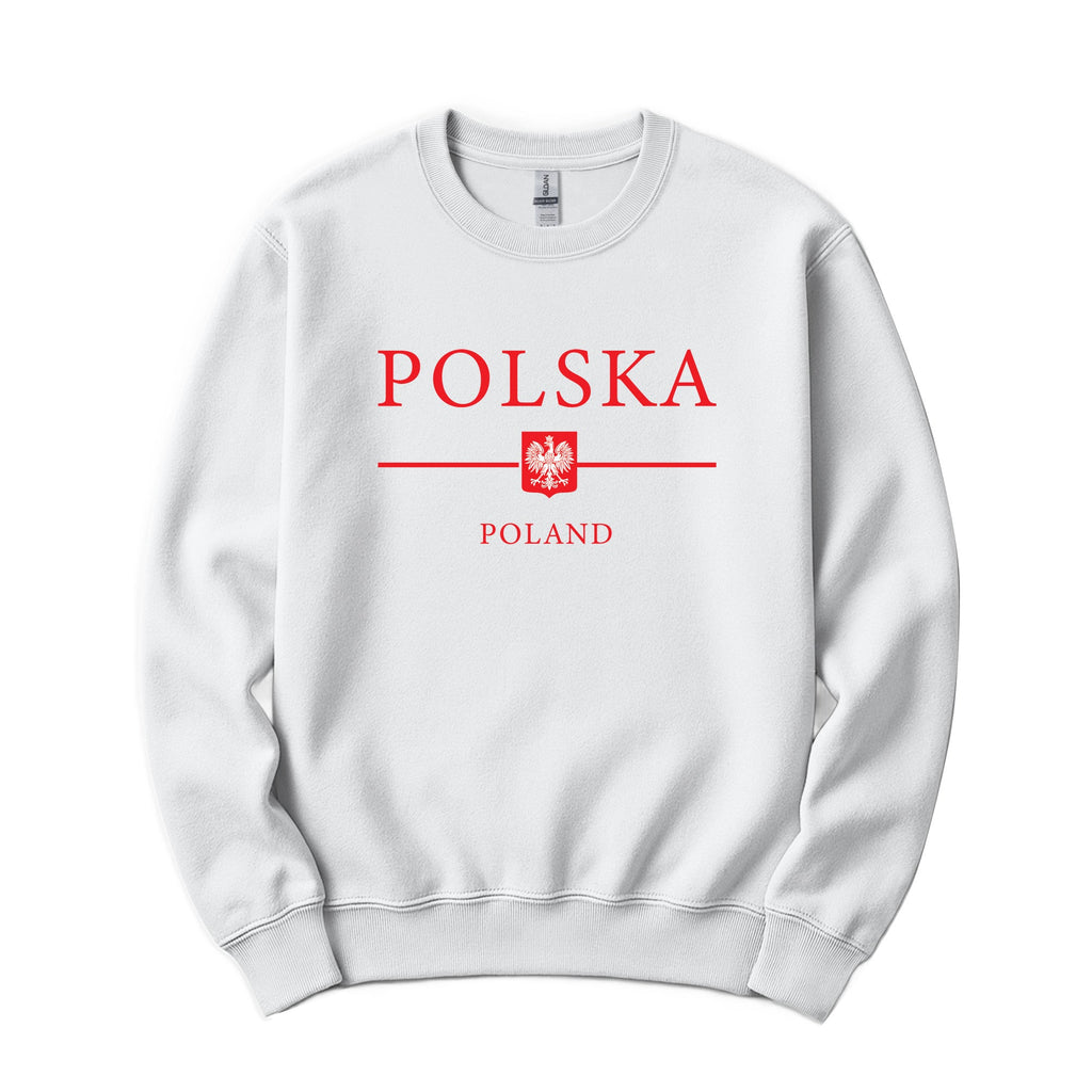 White crewneck sweatshirt with red POLSKA POLAND lettering and Polish eagle shield