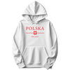 White hoodie with red POLSKA POLAND lettering and Polish eagle shield