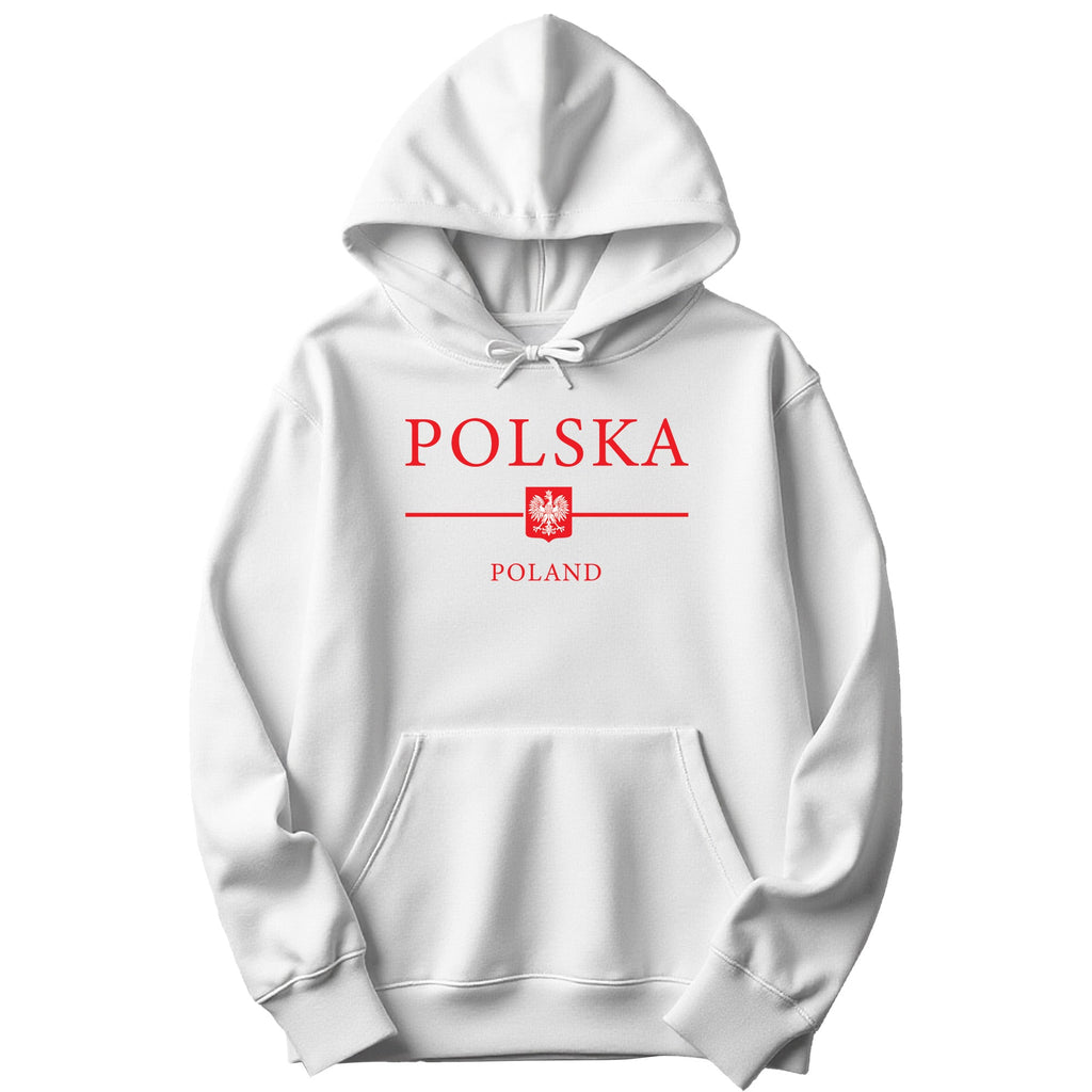 White hoodie with red POLSKA POLAND lettering and Polish eagle shield