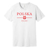 White T-shirt with red POLSKA POLAND lettering and Polish eagle shield
