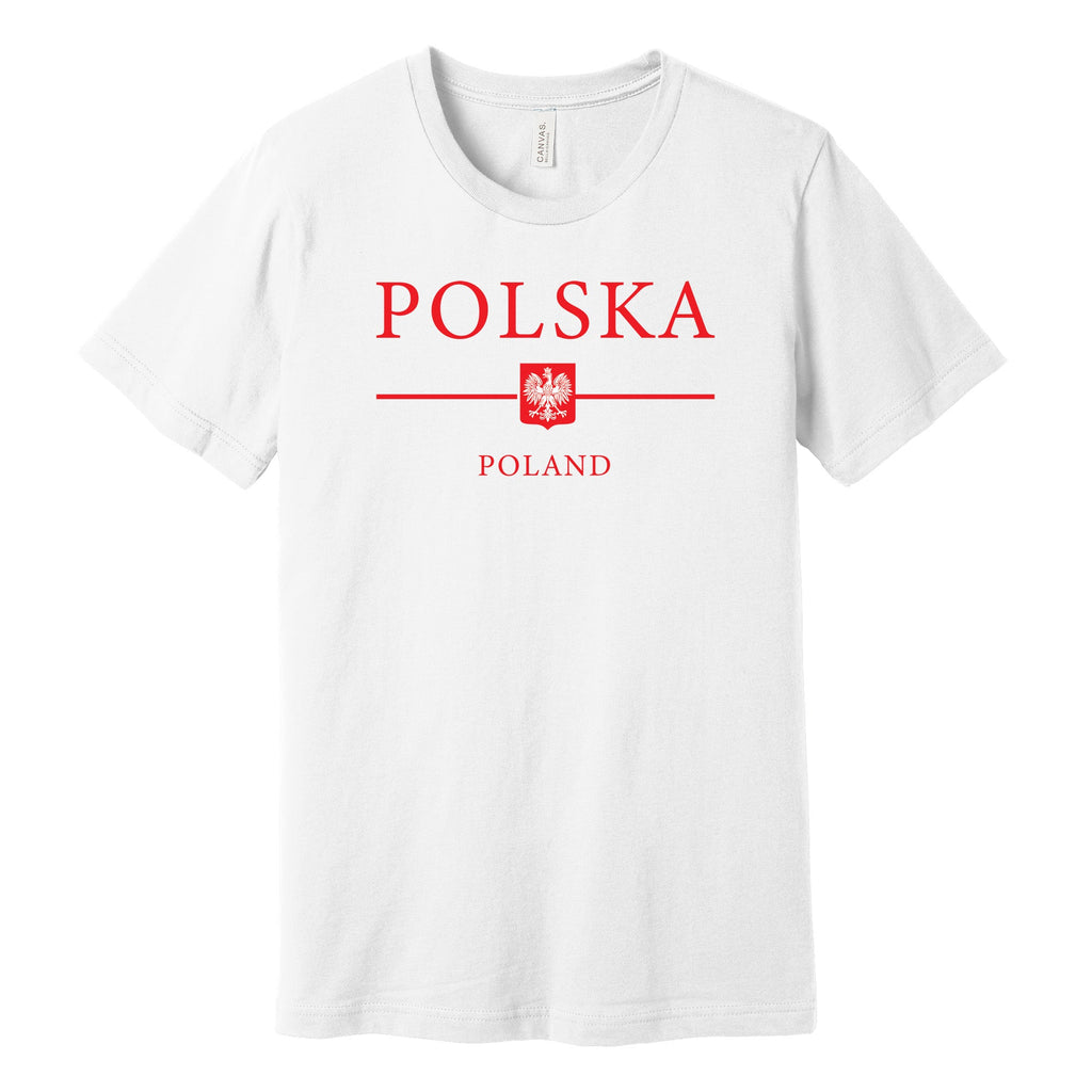 White T-shirt with red POLSKA POLAND lettering and Polish eagle shield