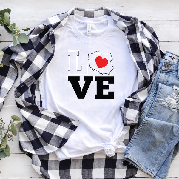 Lifestyle mockup of LOVE Poland Map Heart Polish T-shirt, crewneck and hoodie