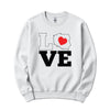White crewneck sweatshirt with LOVE design where the O is a map of Poland with a red heart