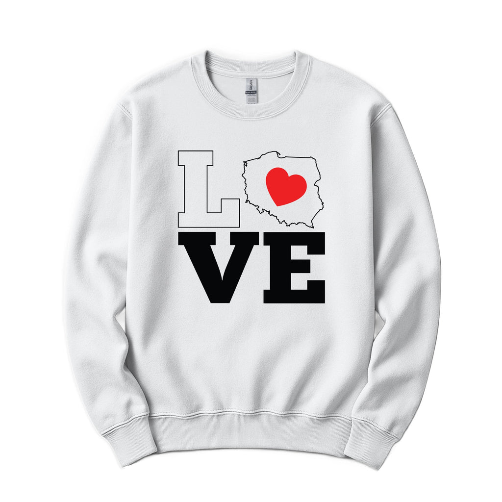 White crewneck sweatshirt with LOVE design where the O is a map of Poland with a red heart
