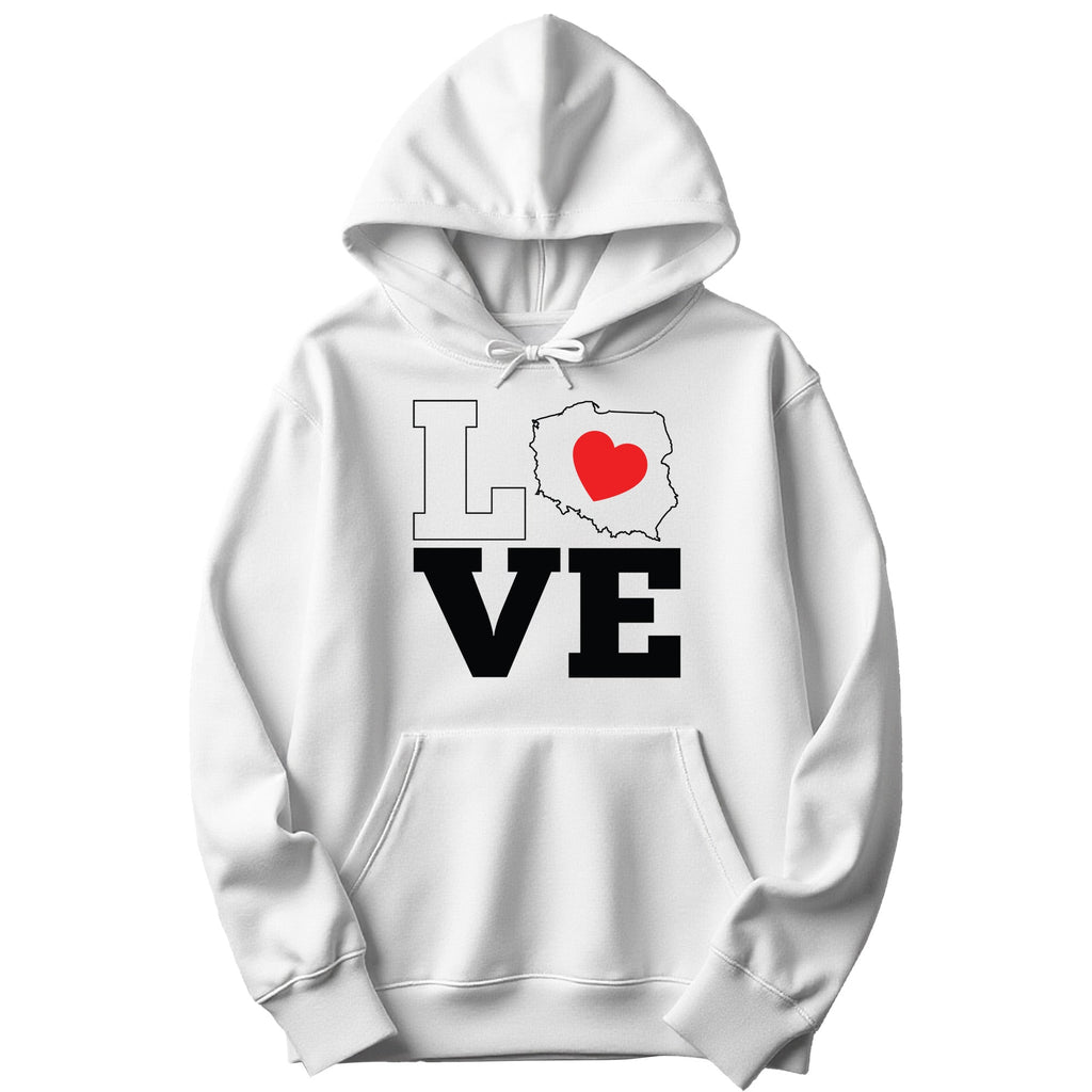 White hoodie with LOVE design where the O is a map of Poland with a red heart
