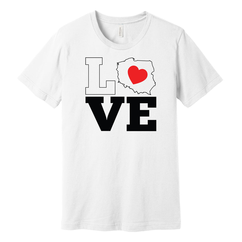 White T-shirt with LOVE design where the O is a map of Poland with a red heart