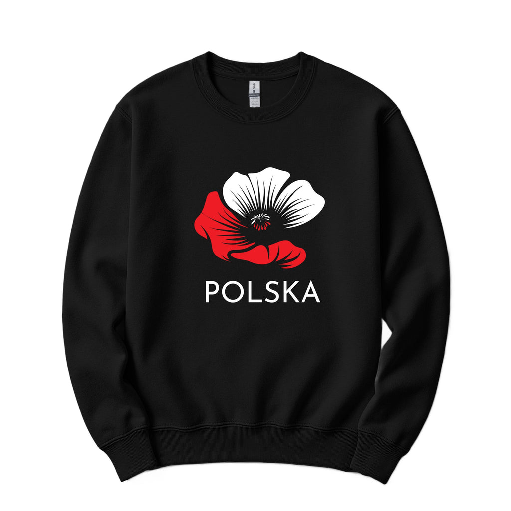 Black crewneck sweatshirt with white and red poppy flower and POLSKA lettering
