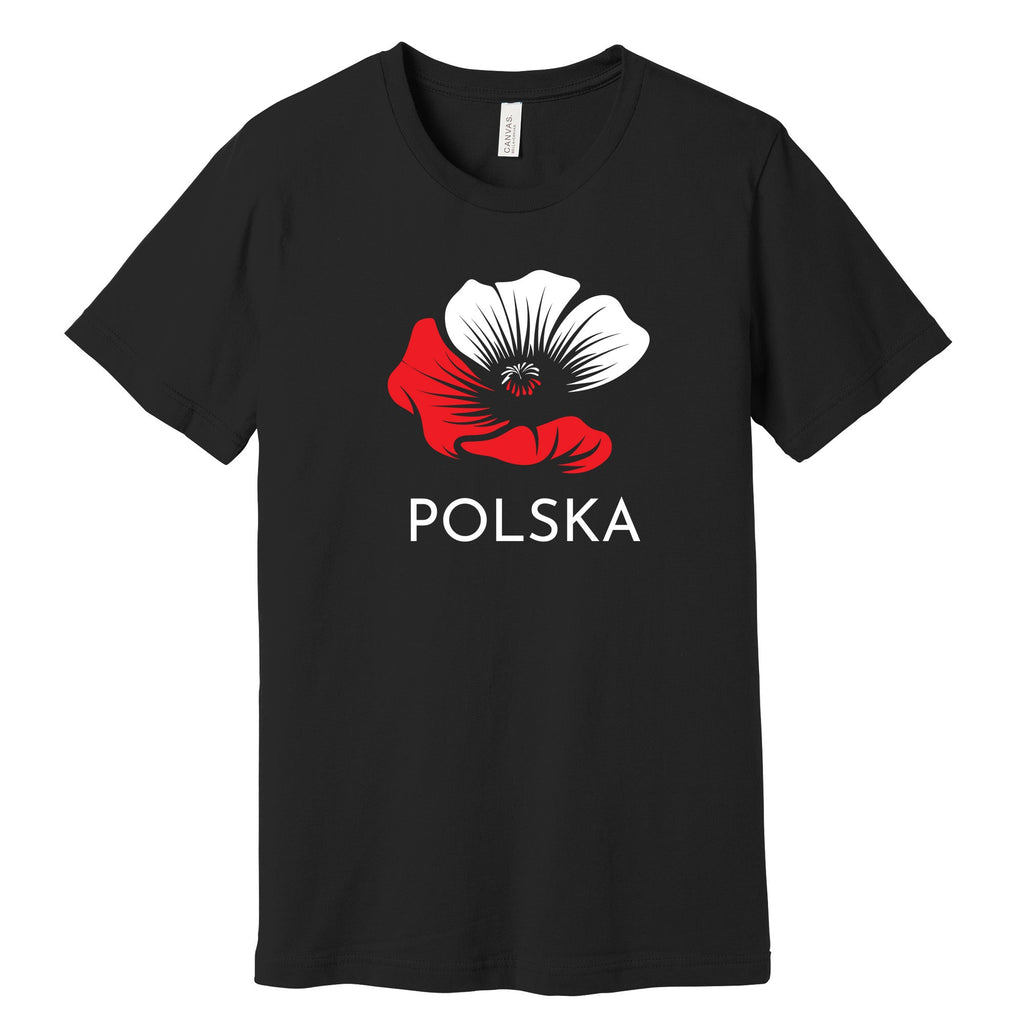 Black T-shirt with white and red poppy flower and POLSKA lettering