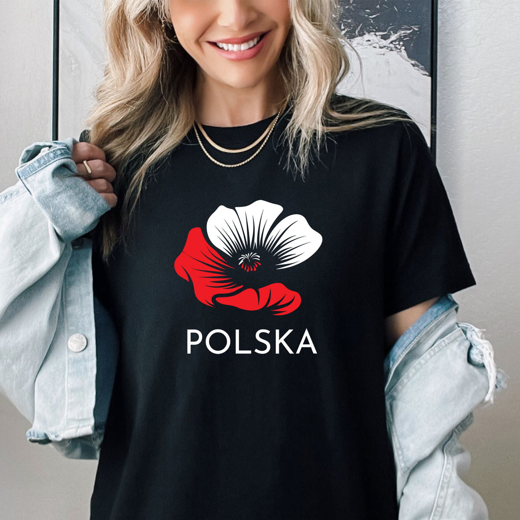 Lifestyle mockup of Polska Poppy Flower Polish Flag Flower T-shirt, crewneck and hoodie