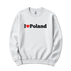 White crewneck sweatshirt with I love Poland red heart design