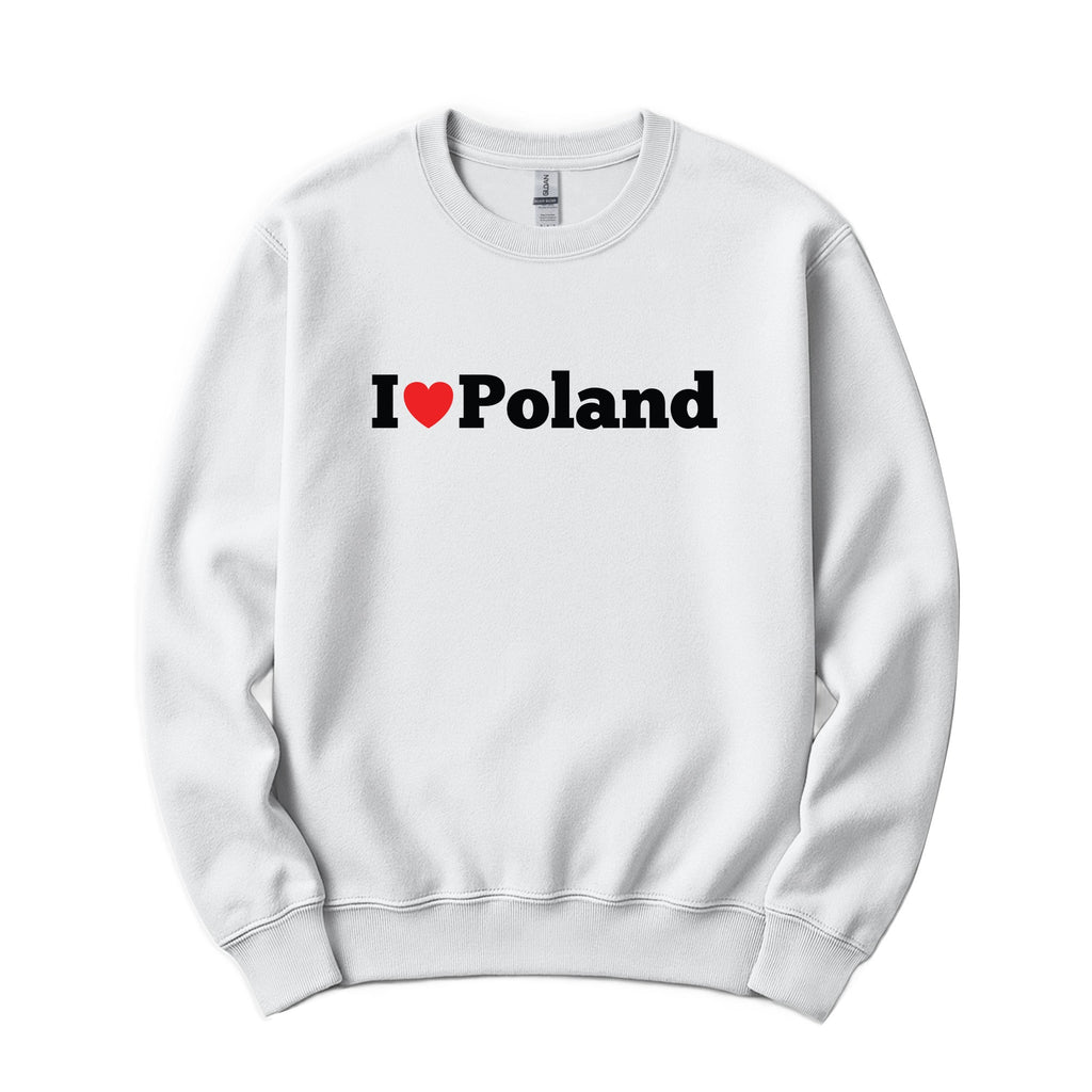 White crewneck sweatshirt with I love Poland red heart design
