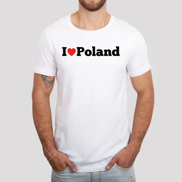 Man wearing white T-shirt with I love Poland heart design