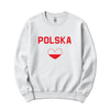 White crewneck sweatshirt with red POLSKA lettering and heart in Polish flag colors