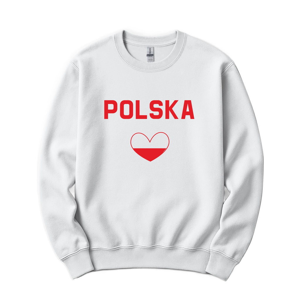 White crewneck sweatshirt with red POLSKA lettering and heart in Polish flag colors