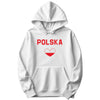 White hoodie with red POLSKA lettering and heart in Polish flag colors