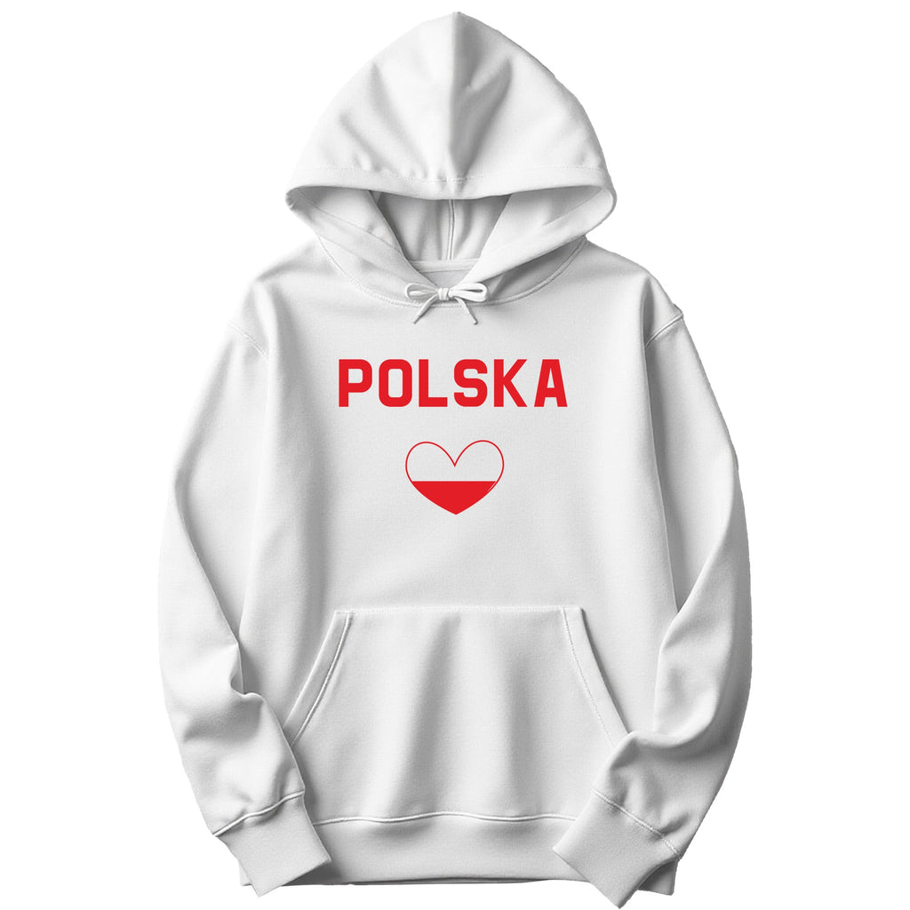 White hoodie with red POLSKA lettering and heart in Polish flag colors