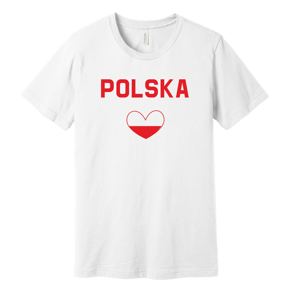 White T-shirt with red POLSKA lettering and heart in Polish flag colors