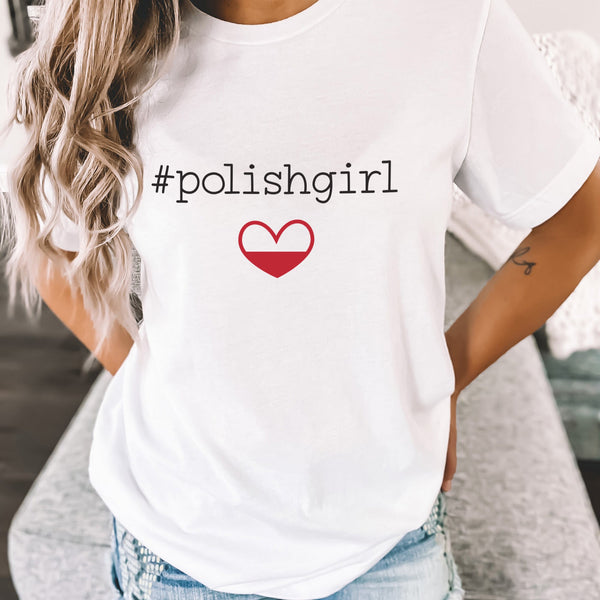 Lifestyle mockup of #polishgirl Polish Flag Heart T-shirt, crewneck and hoodie