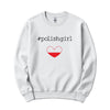 White crewneck sweatshirt with #polishgirl text and Polish flag heart