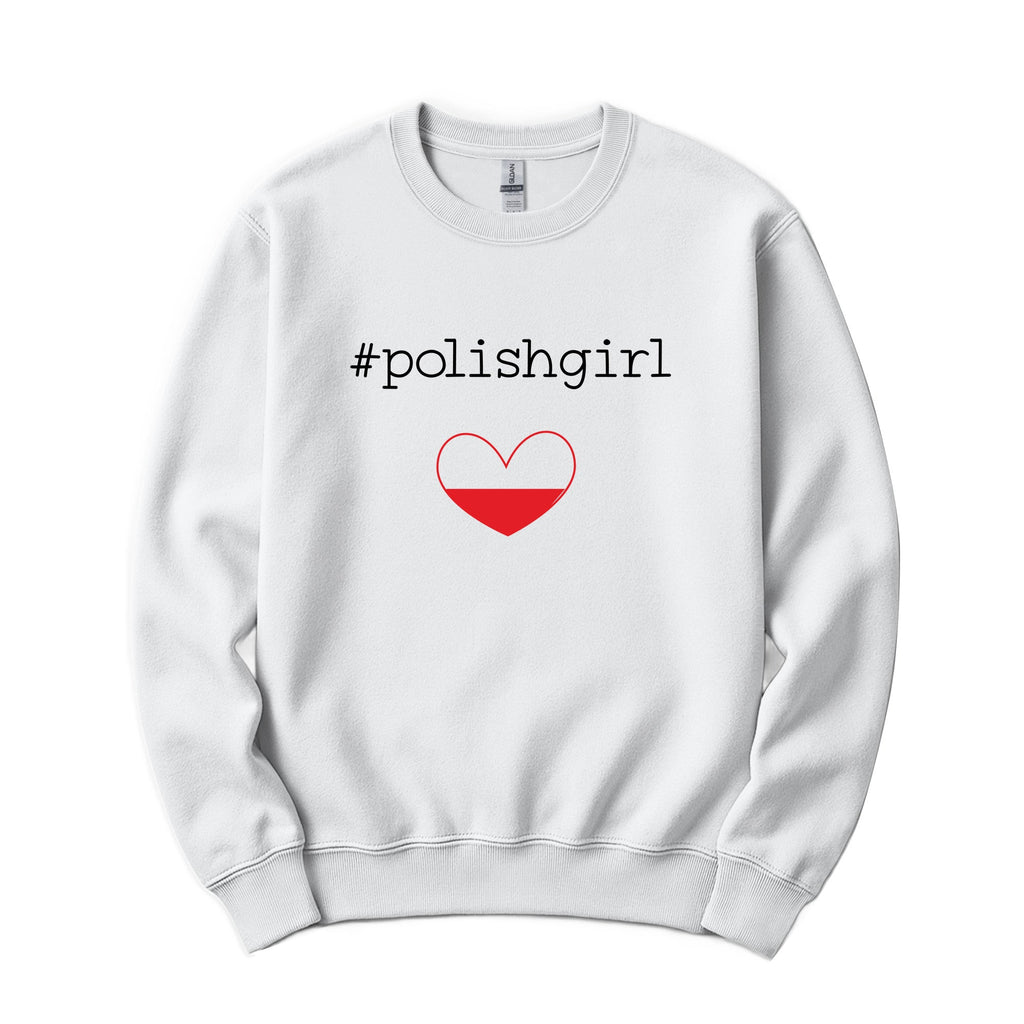 White crewneck sweatshirt with #polishgirl text and Polish flag heart