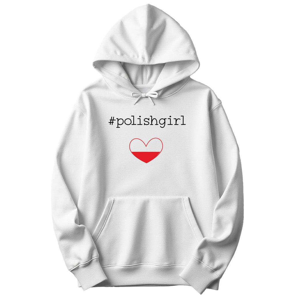 White hoodie with #polishgirl text and Polish flag heart