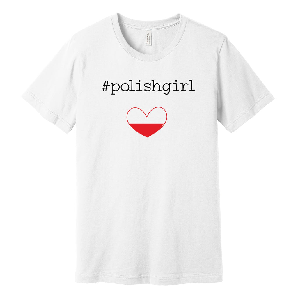 White T-shirt with #polishgirl text and Polish flag heart