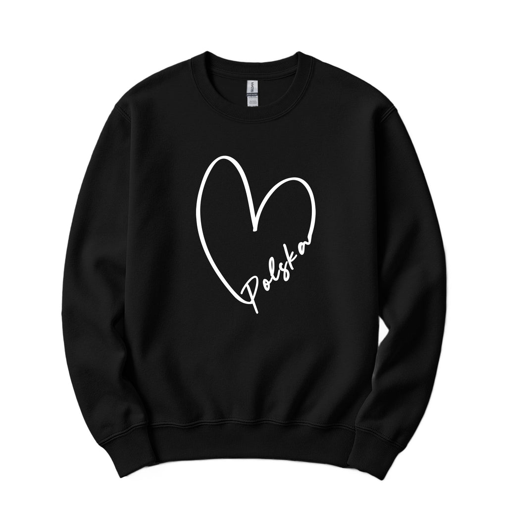 Black crewneck sweatshirt with white heart outline and Polska script