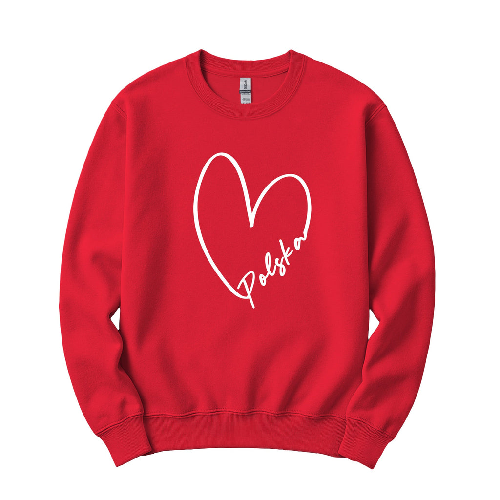 Red crewneck sweatshirt with white heart outline and Polska script