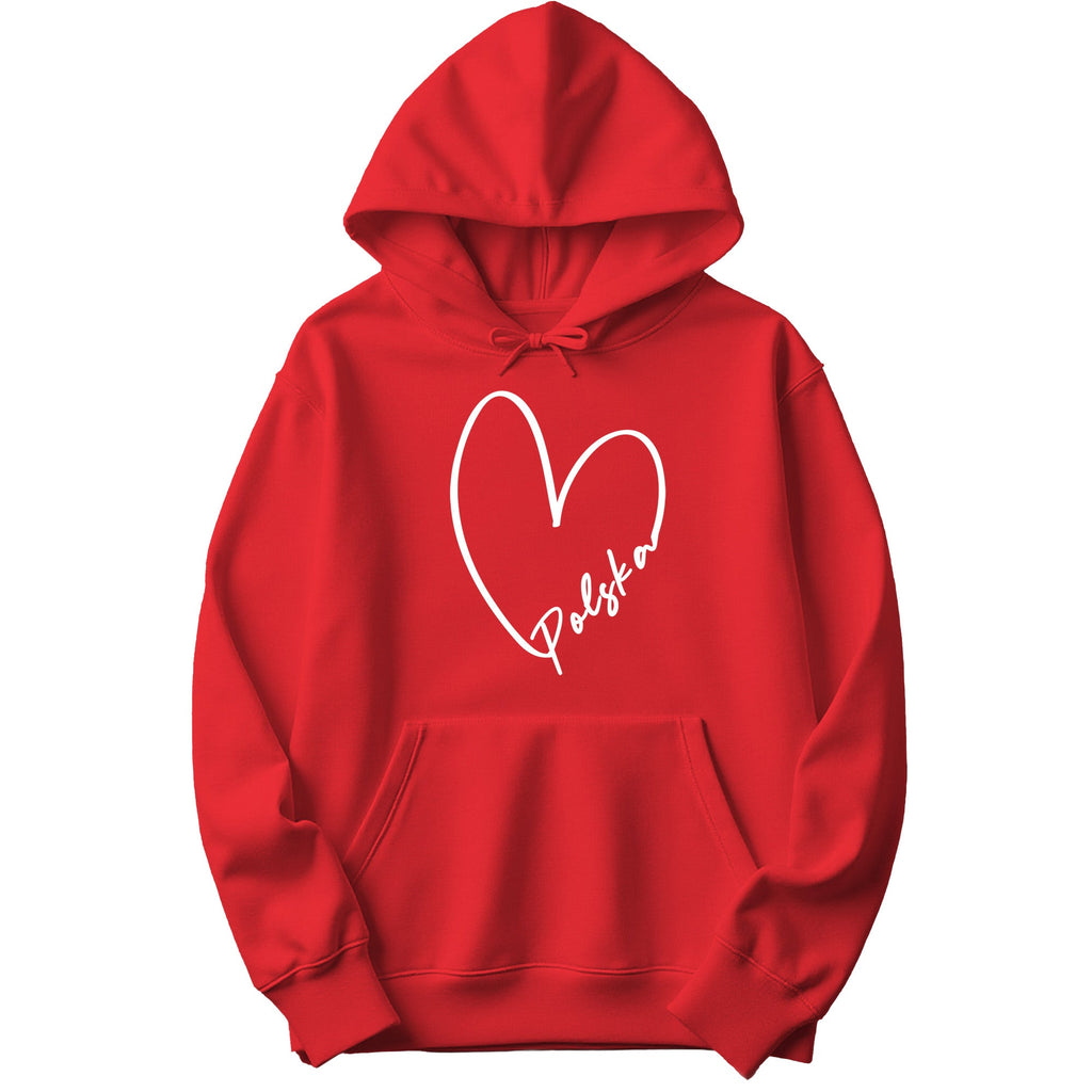 Red hoodie with white heart outline and Polska script