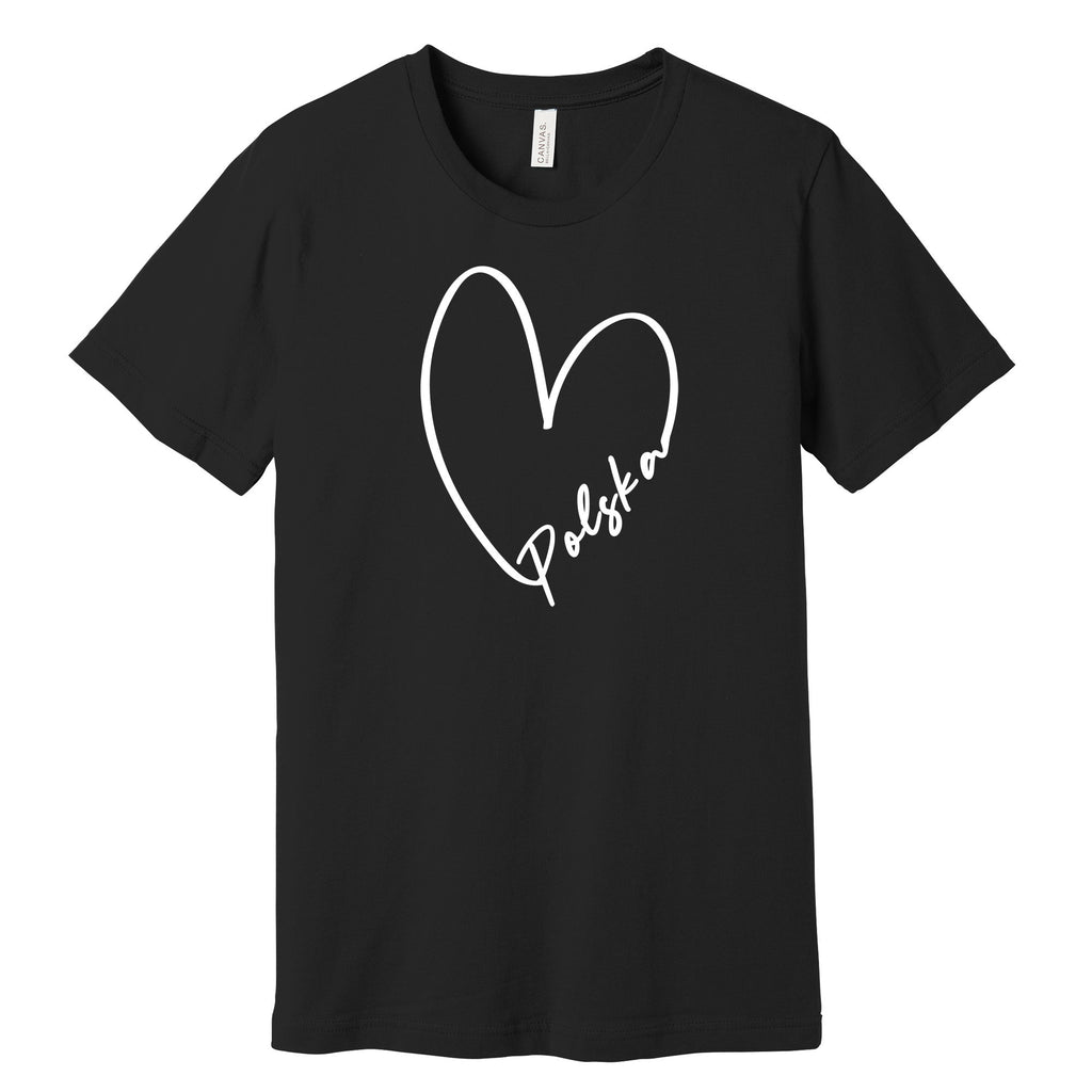 Black T-shirt with white heart outline and Polska script