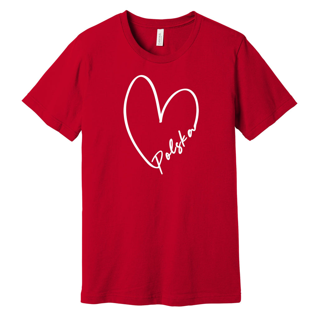 Red T-shirt with white heart outline and Polska script