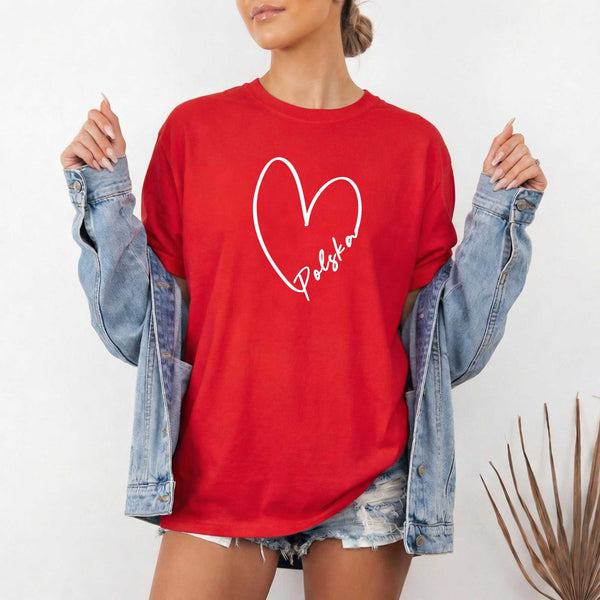 Lifestyle mockup of Polska Heart Outline Polish Pride T-shirt, crewneck and hoodie
