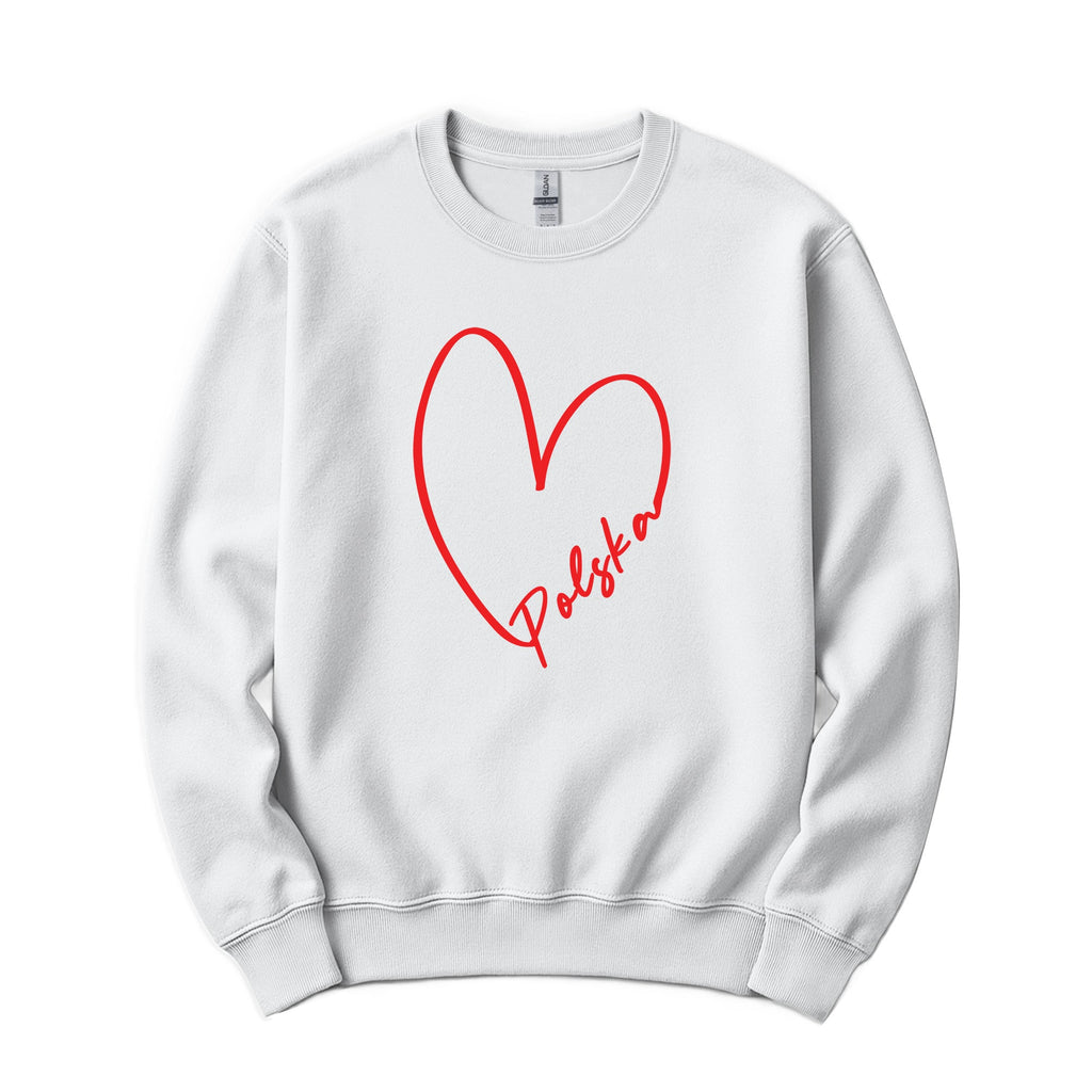 White crewneck sweatshirt with heart outline and Polska script
