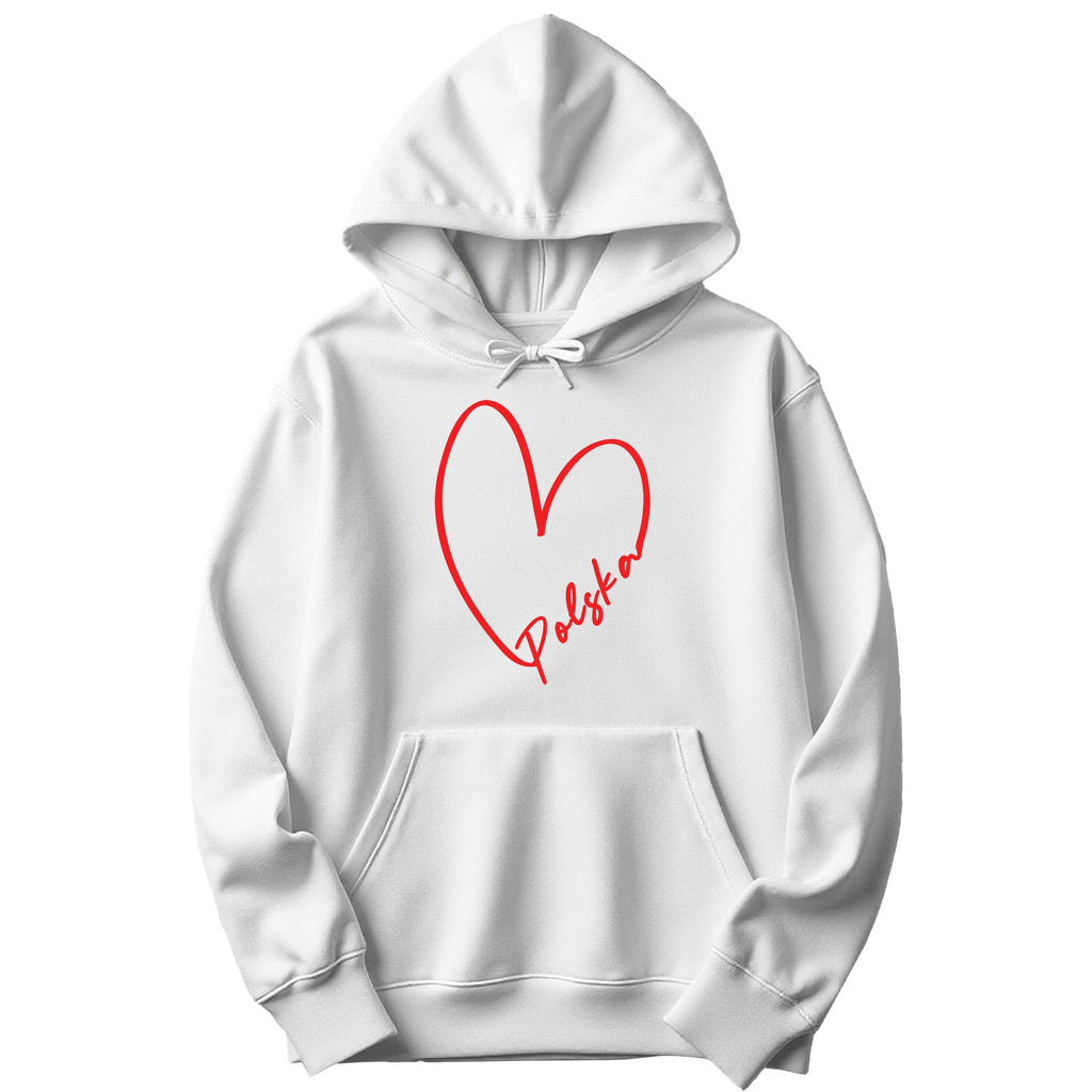 White hoodie with heart outline and Polska script
