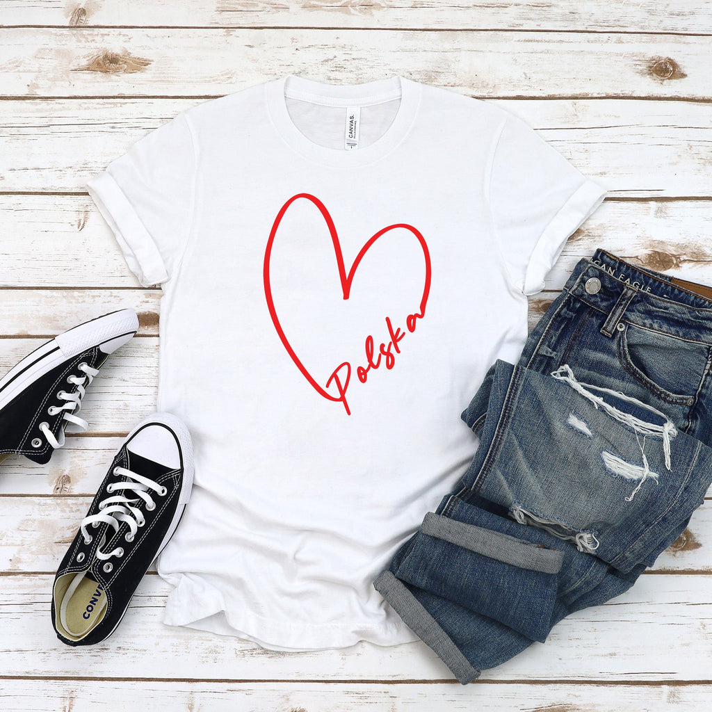 Woman wearing white T-shirt with white heart outline and Polska script