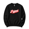 Black crewneck sweatshirt with red and white retro Poland script