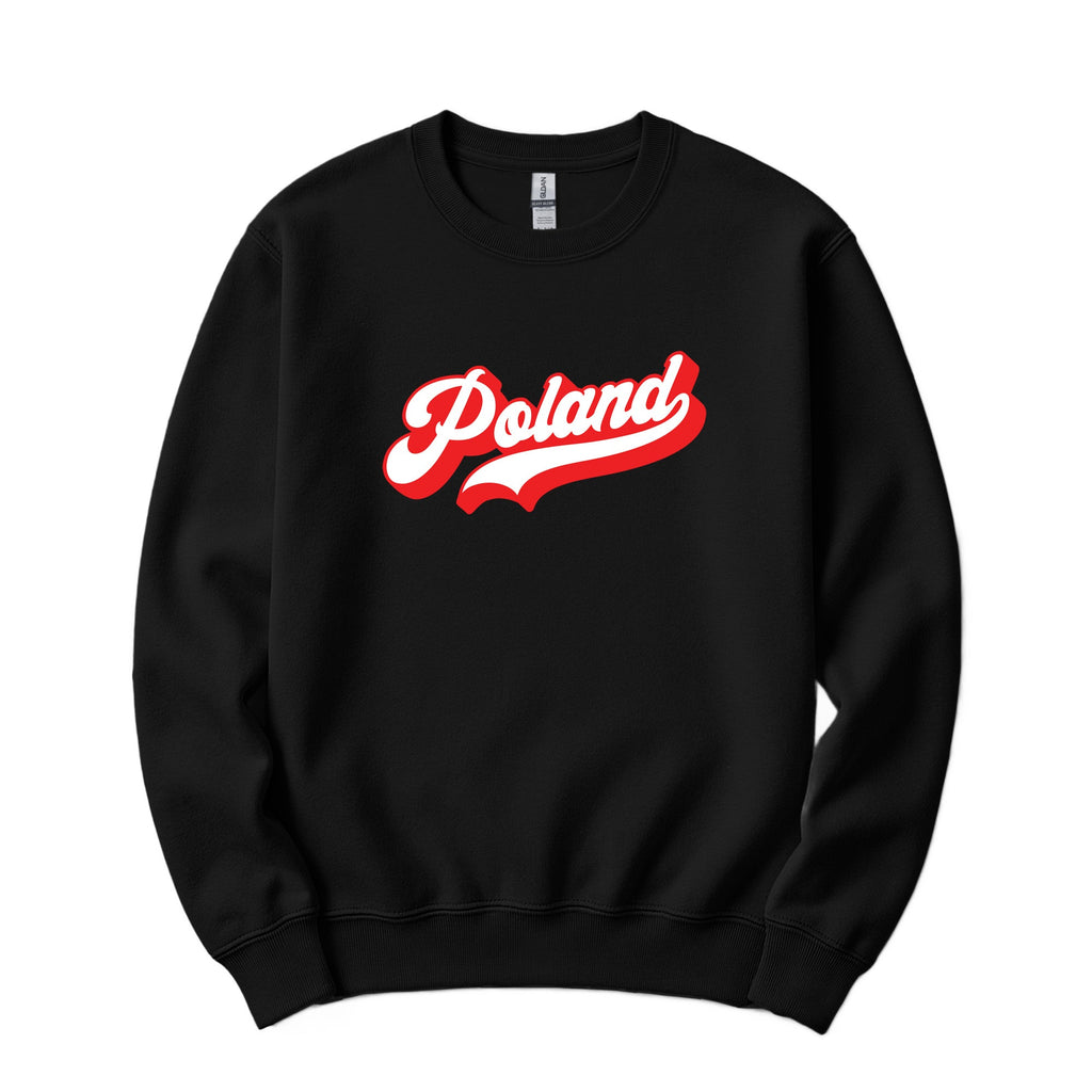 Black crewneck sweatshirt with red and white retro Poland script