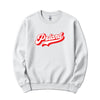 White crewneck sweatshirt with red and white retro Poland script