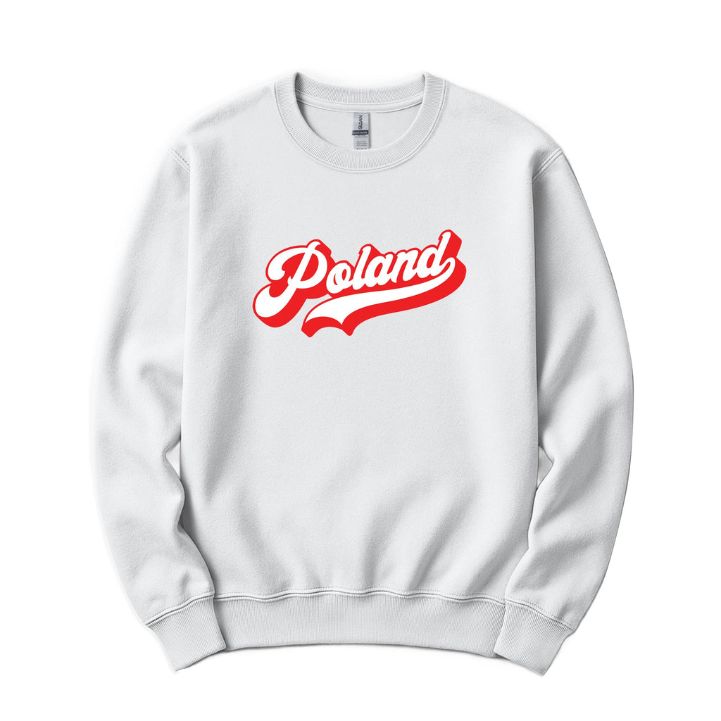 White crewneck sweatshirt with red and white retro Poland script
