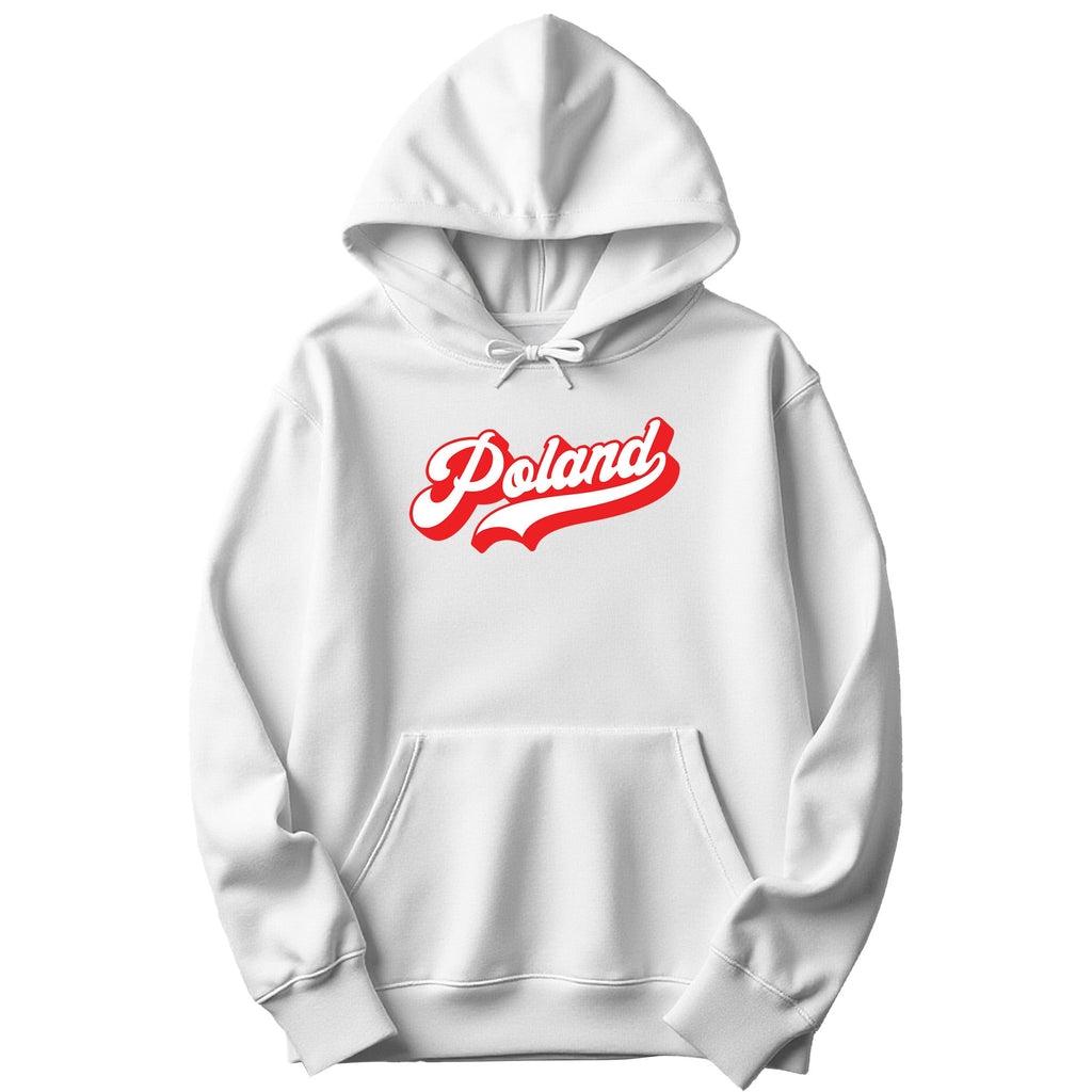 White hoodie with red and white retro Poland script