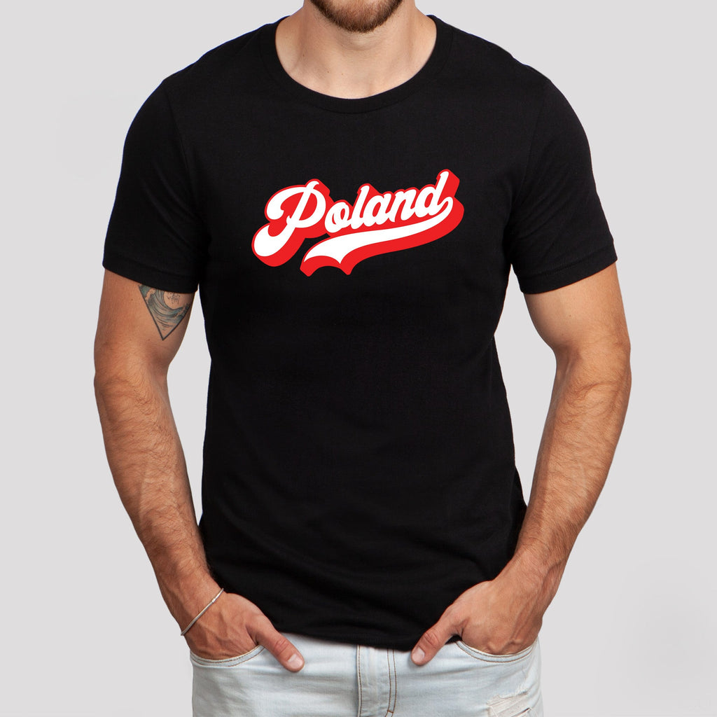 Black Poland retro script T-shirt in red and white lifestyle photo