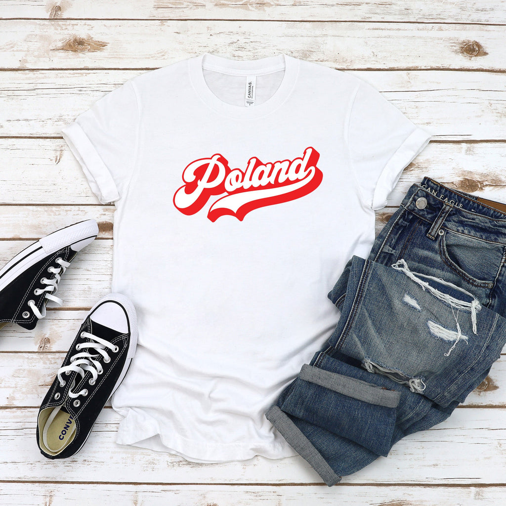 Woman wearing white Poland retro script T-shirt in red and white