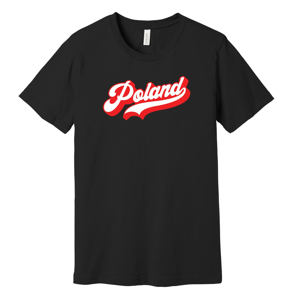 Black T-shirt with red and white retro Poland script