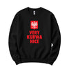 Black crewneck sweatshirt with red Polish eagle crest and VERY KURWA NICE text