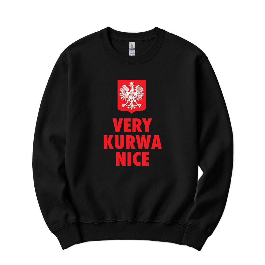 Black crewneck sweatshirt with red Polish eagle crest and VERY KURWA NICE text