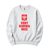 White crewneck sweatshirt with red Polish eagle crest and VERY KURWA NICE text
