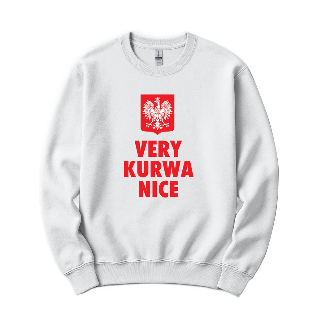 White crewneck sweatshirt with red Polish eagle crest and VERY KURWA NICE text