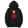 Black hoodie with red Polish eagle crest and VERY KURWA NICE text