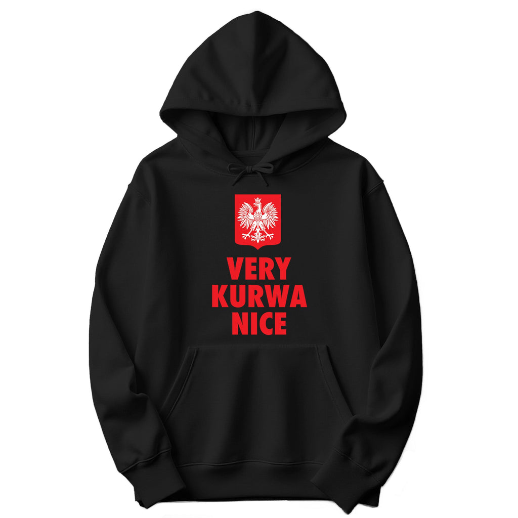Black hoodie with red Polish eagle crest and VERY KURWA NICE text